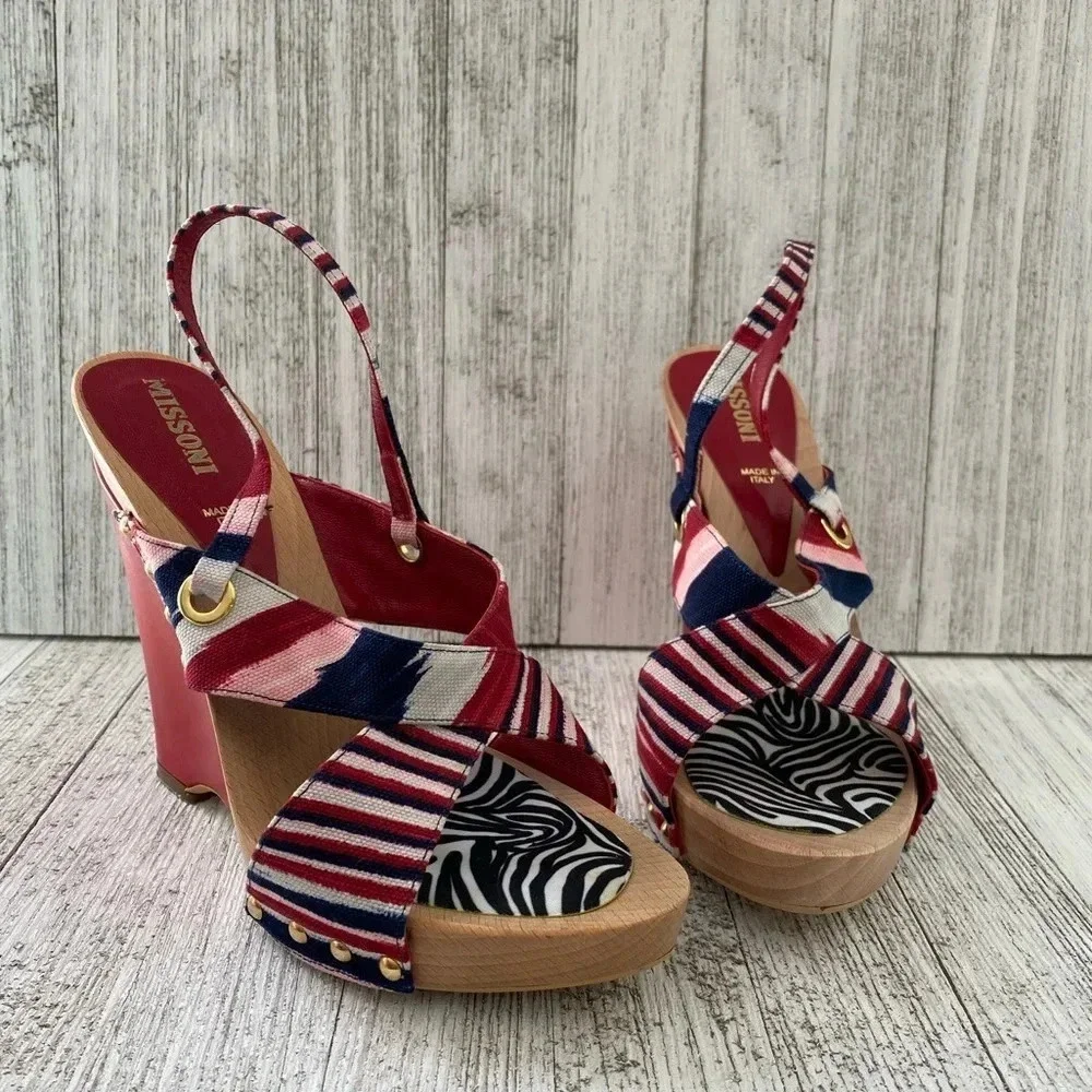 MISSONI OLONA Red Striped Wedge Heels N5443 Size 38 EU